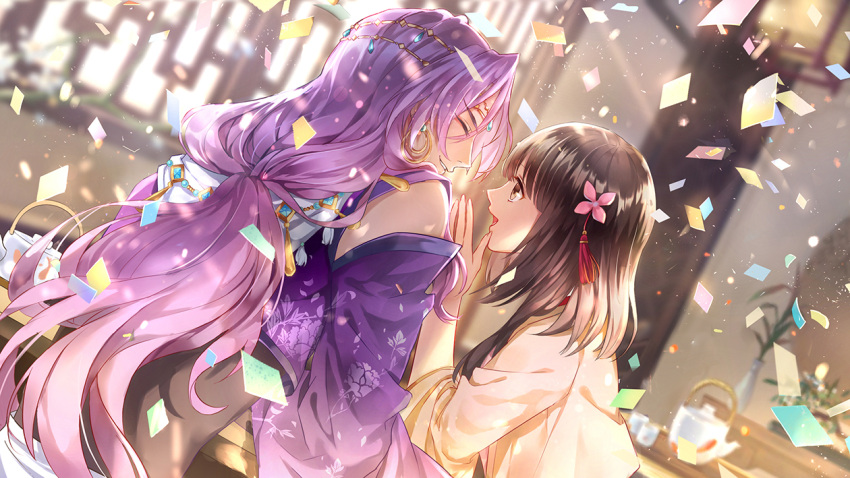 1boy 1girl brown_eyes brown_hair circlet closed_eyes confetti detached_sleeves dutch_angle flower hair_flower hair_ornament hakuto_you hand_up indoors long_hair looking_at_another low-tied_long_hair official_art open_mouth purple_hair smile tassel teapot very_long_hair