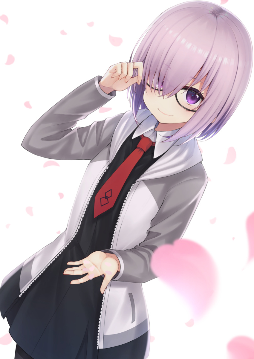 1girl black-framed_eyewear black_dress blurry commentary_request cowboy_shot depth_of_field dress fate/grand_order fate_(series) glasses grey_jacket hair_over_one_eye hand_up highres jacket lavender_hair long_sleeves looking_at_viewer mash_kyrielight mottsun_(i_40y) necktie open_clothes open_jacket pantyhose petals red_neckwear short_hair smile solo standing violet_eyes white_background wing_collar
