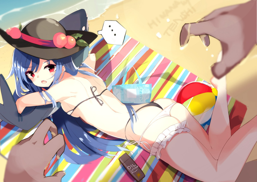 ... 1girl ass bag ball bangs bare_legs bare_shoulders beach beach_mat beachball bikini black_bikini_bottom black_headwear blue_hair blush breasts character_name commentary_request eyebrows_visible_through_hair fang feet_out_of_frame food fruit hinanawi_tenshi inflatable_orca inflatable_toy layered_bikini leaf leg_garter long_hair lotion_bottle lying medium_breasts ocean on_stomach open_mouth peach pov red_eyes shadow skin_fang solo_focus spoken_ellipsis swimsuit tetsurou_(fe+) thighs touhou white_bikini