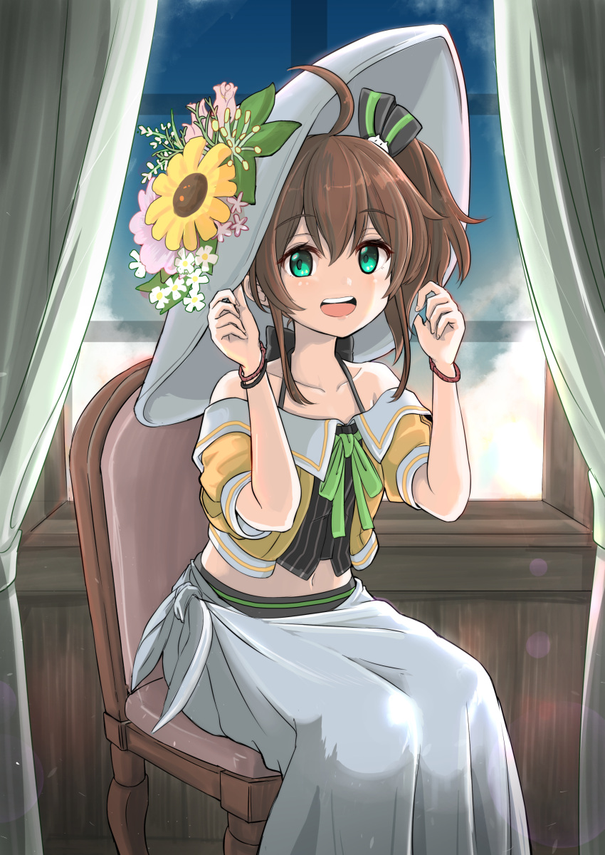 1girl absurdres ahoge brown_hair chair collarbone commentary_request curtains flower green_eyes hair_between_eyes hair_flower hair_ornament hat highres hololive midriff moroboshi_meteo natsuiro_matsuri navel open_mouth short_hair side_ponytail sitting solo virtual_youtuber window