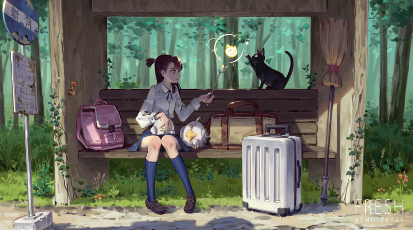 1girl backpack bag bangs black_cat black_footwear blue_legwear blush broom brown_hair bus_stop cat collared_shirt dirt_road dress_shirt duffel_bag grass highres holding holding_wand kagari_atsuko kneehighs knees_together_feet_apart little_witch_academia loafers long_sleeves looking_at_another magic mary_janes mushroom neck_ribbon outdoors red_eyes ribbon road shirt shoes short_ponytail sign sitting skirt smile stuffed_animal stuffed_bird stuffed_toy suitcase sunlight tree wand white_shirt wide_shot yushengxue