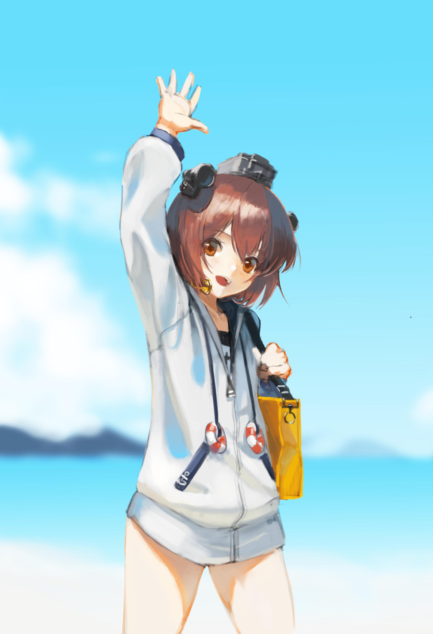 1girl absurdres anchor anchor_symbol arm_up bag bangs blush brown_eyes brown_hair clouds day handbag hara_shoutarou headgear highres holding hood hooded_jacket hoodie innertube jacket kantai_collection long_sleeves name_tag one-piece_swimsuit open_mouth outdoors short_hair sky solo swimsuit swimsuit_under_clothes water waving yukikaze_(kantai_collection) zipper