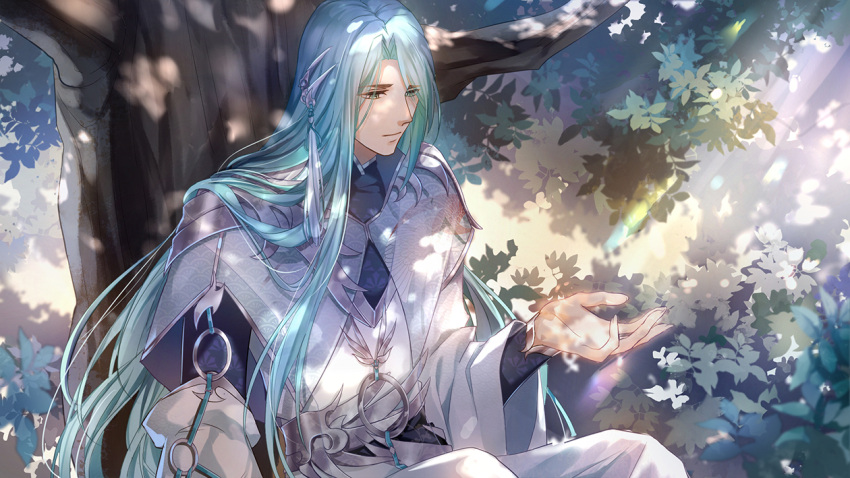 1boy against_tree bangs bishounen blue_hair copyright_request dappled_sunlight day detached_sleeves hair_ornament hakuto_you long_hair male_focus official_art outdoors parted_bangs sitting solo sunlight tassel tree very_long_hair wide_sleeves