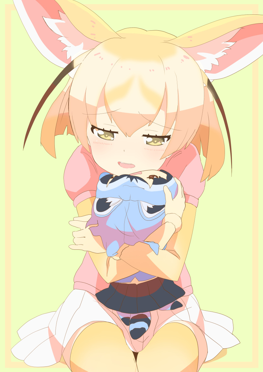 1girl absurdres animal_ear_fluff animal_ears bangs blonde_hair character_doll commentary_request common_raccoon_(kemono_friends) elbow_gloves eyebrows_visible_through_hair fennec_(kemono_friends) fox_ears funakenblue gloves highres kemono_friends medium_hair nesoberi object_hug open_mouth pink_sweater puffy_short_sleeves puffy_sleeves short_hair short_sleeves simple_background sitting skirt solo sweater thigh-highs white_skirt yellow_background yellow_eyes yellow_gloves yellow_legwear