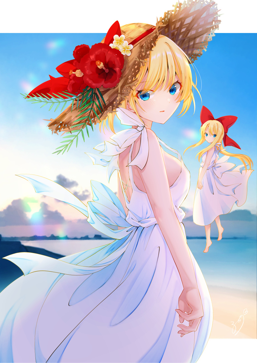 1girl absurdres alice_margatroid alternate_costume alternate_headwear bangs bare_arms beach blonde_hair blue_eyes blue_sky blurry blush bow breasts clouds commentary day depth_of_field dress expressionless fern floating flower from_side hair_bow hat hat_flower hibiscus highres horizon large_breasts lens_flare long_hair looking_at_viewer ocean outdoors parted_lips shanghai_doll short_hair sideboob signature sky sleeveless sleeveless_dress solanikieru solo standing straw_hat touhou white_dress wind