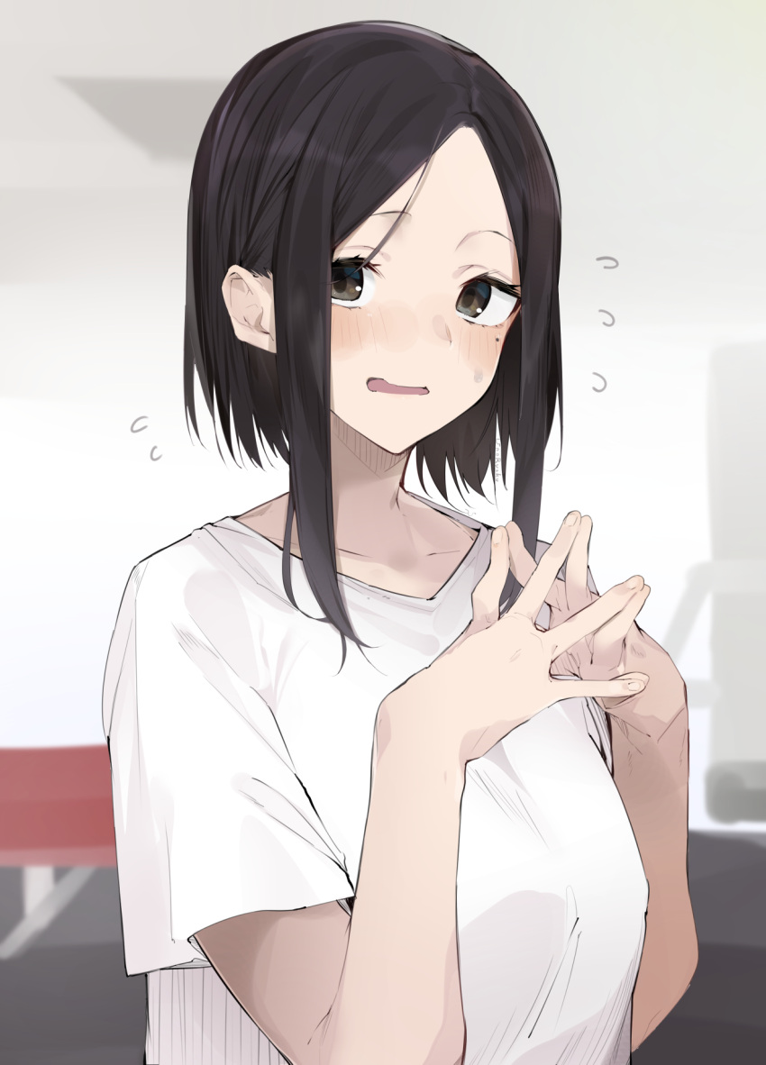 1girl bangs black_hair blush breasts brown_eyes collarbone commentary_request danberu_nan_kiro_moteru? fingernails flying_sweatdrops forehead hands_up highres indoors looking_at_viewer open_mouth parted_bangs shirt sidelocks small_breasts solo steepled_fingers sweat tachibana_satomi uno_ryoku upper_body white_shirt