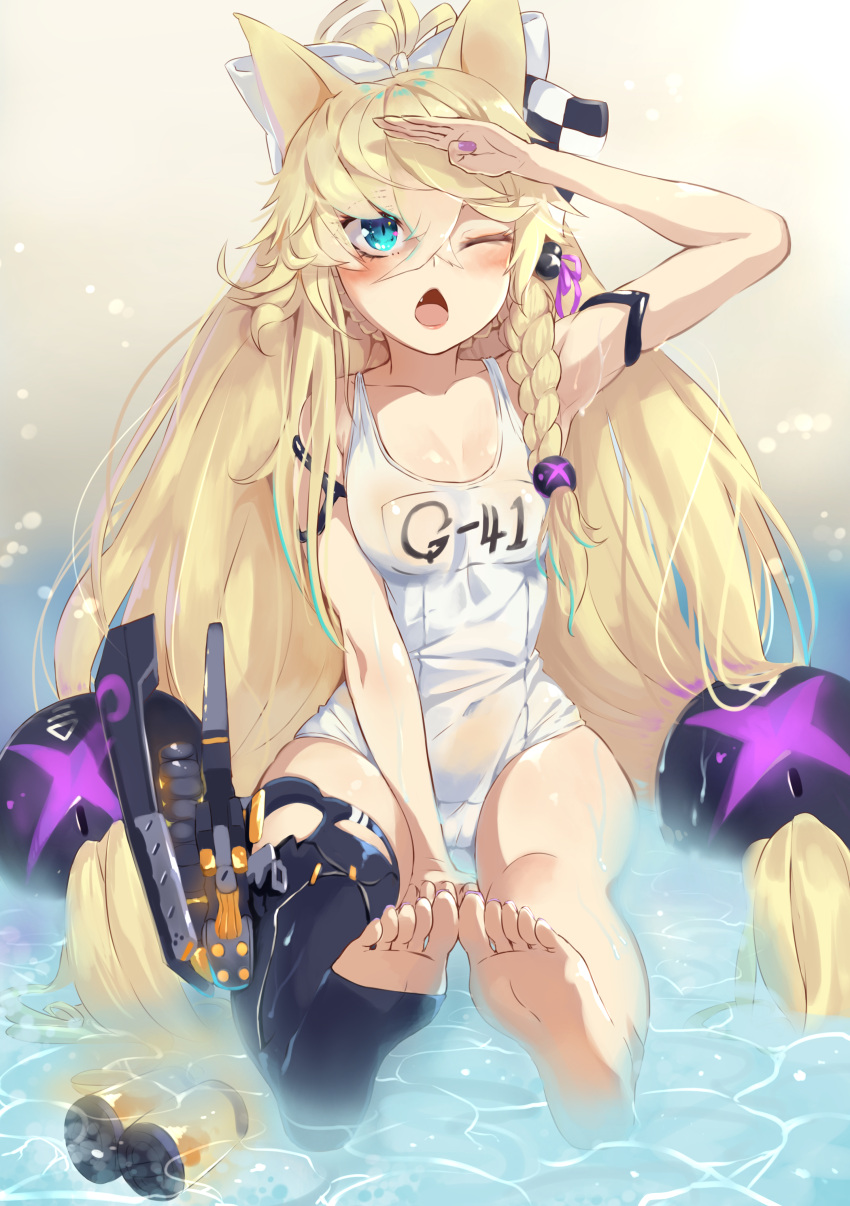 1girl ;o absurdres animal_ears armpits barefoot black_legwear blonde_hair blue_eyes blush braid breasts fang g41_(girls_frontline) girls_frontline highres long_hair one-piece_swimsuit one_eye_closed purple_nails school_swimsuit single_braid swimsuit torieto twintails very_long_hair wading white_swimsuit