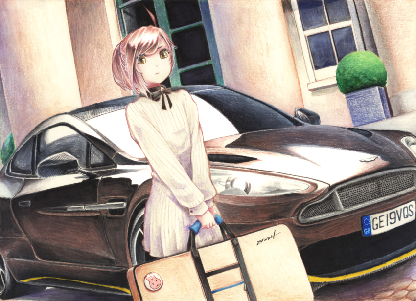 1girl ahoge aston_martin_vanquish_s braid building car closed_mouth cobblestone collared_dress commentary_request day dutch_angle green_eyes ground_vehicle license_plate millipen_(medium) motor_vehicle original outdoors plant potted_plant redhead side_braid solo string_bowtie suitcase tesun_(g_noh) traditional_media watercolor_pencil_(medium) window