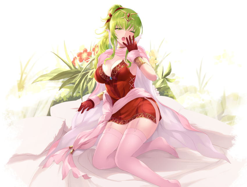 1girl blush bracelet breasts cait cape dress fire_emblem garter_straps gloves green_eyes green_hair hair_ornament hair_ribbon hand_up highres jewelry long_hair looking_at_viewer mamkute no_shoes open_mouth pink_legwear pink_thighhighs pointy_ears ponytail red_dress ribbon short_dress side_slit sitting solo strapless strapless_dress thigh-highs thighhighs tiara tiki_(fire_emblem) yawning yokozuwari