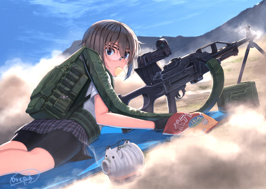 1girl ammunition_belt backpack bag bike_shorts brown_hair chips commentary dreadtie dust_cloud eating food gun highres looking_at_viewer lying machine_gun mouth_hold on_stomach original outdoors potato_chips shooting_glasses short_hair solo weapon weapon_request