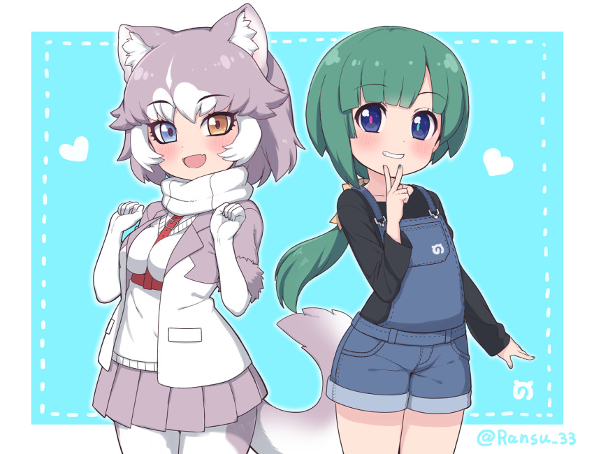 2girls :d animal_ear_fluff animal_ears bangs belt black_shirt blue_background blue_eyes blunt_bangs blush border commentary_request dog_(mixed_breed)_(kemono_friends) dog_ears dog_tail elbow_gloves eyebrows_visible_through_hair fang fur-trimmed_sleeves fur_trim gloves green_hair green_nails grey_hair grey_skirt grin hair_ribbon hands_up heart heterochromia jacket japari_symbol kemono_friends long_hair long_sleeves looking_at_viewer low_ponytail multicolored_hair multiple_girls open_mouth original overall_shorts pleated_skirt ransusan ribbon shirt short_hair simple_background skirt smile tail tomoe_(kemono_friends)_(niconico88059799) twitter_username two-tone_hair v white_background white_gloves yellow_eyes yellow_ribbon