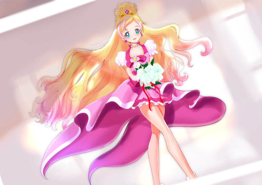 1girl bangs blonde_hair blue_eyes bouquet collarbone cure_flora dutch_angle earrings floating_hair flower frilled_skirt frills go!_princess_precure hair_ornament haruno_haruka highlights highres holding holding_bouquet jewelry long_hair looking_at_viewer miniskirt mitaka multicolored_hair necklace open_mouth parted_bangs pink_skirt precure short_sleeves skirt solo standing tied_hair very_long_hair white_flower