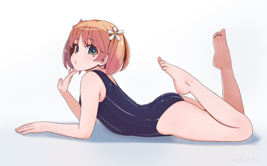 1girl ass bare_arms bare_legs bare_shoulders barefoot blue_swimsuit closed_mouth commentary competition_swimsuit dress facial_mark feet_up flower from_above full_body green_eyes hair_flower hair_ornament hand_on_own_chin highres hobunsha looking_at_viewer looking_to_the_side novcel one-piece_swimsuit orange_hair sakura_trick school_swimsuit short_hair short_twintails solo sonoda_yuu studio_deen swimsuit tareme twintails white_flower