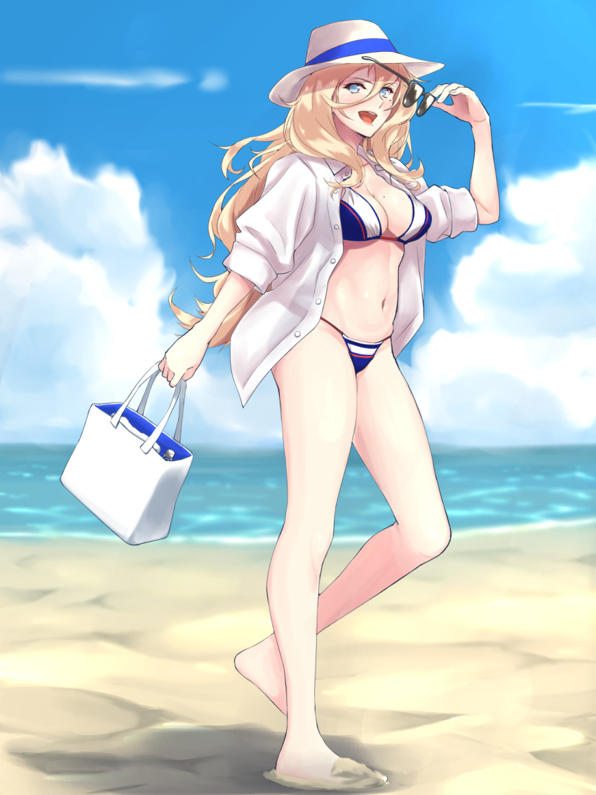 1girl alternate_costume bag bikini blonde_hair blue_eyes blue_sky blush breasts clouds full_body gradient_sky hair_between_eyes hat hat_ribbon highres kantai_collection long_hair long_sleeves looking_at_viewer medium_breasts mole mole_under_eye mole_under_mouth multicolored multicolored_bikini multicolored_clothes navel open_mouth ribbon richelieu_(kantai_collection) sand shadow shingyo shirt sky smile solo sunglasses swimsuit swimsuit_under_clothes white_shirt