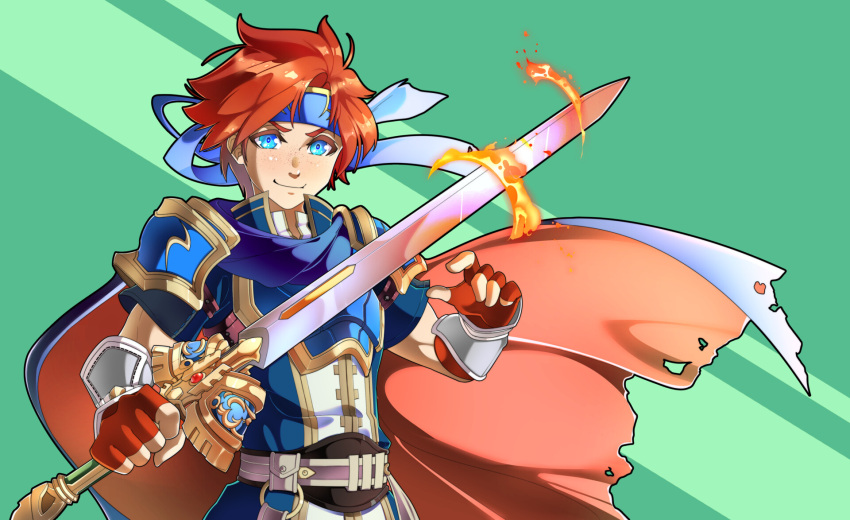 1boy armor blue_cape blue_eyes blue_headband cape fingerless_gloves fire_emblem fire_emblem:_the_binding_blade flaming_sword freckles gloves green_background headband highres holding holding_sword holding_weapon looking_at_viewer male_focus peter_eastwood red_cape red_gloves redhead roy_(fire_emblem) simple_background smile standing sword weapon