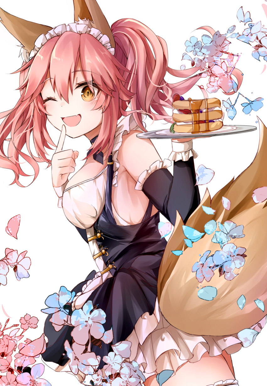 1girl absurdres alternate_costume animal_ear_fluff animal_ears apron black_dress breasts commentary commentary_request dress enmaided eyebrows_visible_through_hair fangs fate/extella fate/extra fate/grand_order fate_(series) flower food fox_ears fox_girl fox_tail frills highres large_breasts looking_at_viewer maid maid_apron maid_headdress one_eye_closed open_mouth pancake petals pink_hair puffy_sleeves simple_background skin_fangs solo tail tamamo_(fate)_(all) tamamo_no_mae_(fate) waist_apron watanai72 white_background yellow_eyes