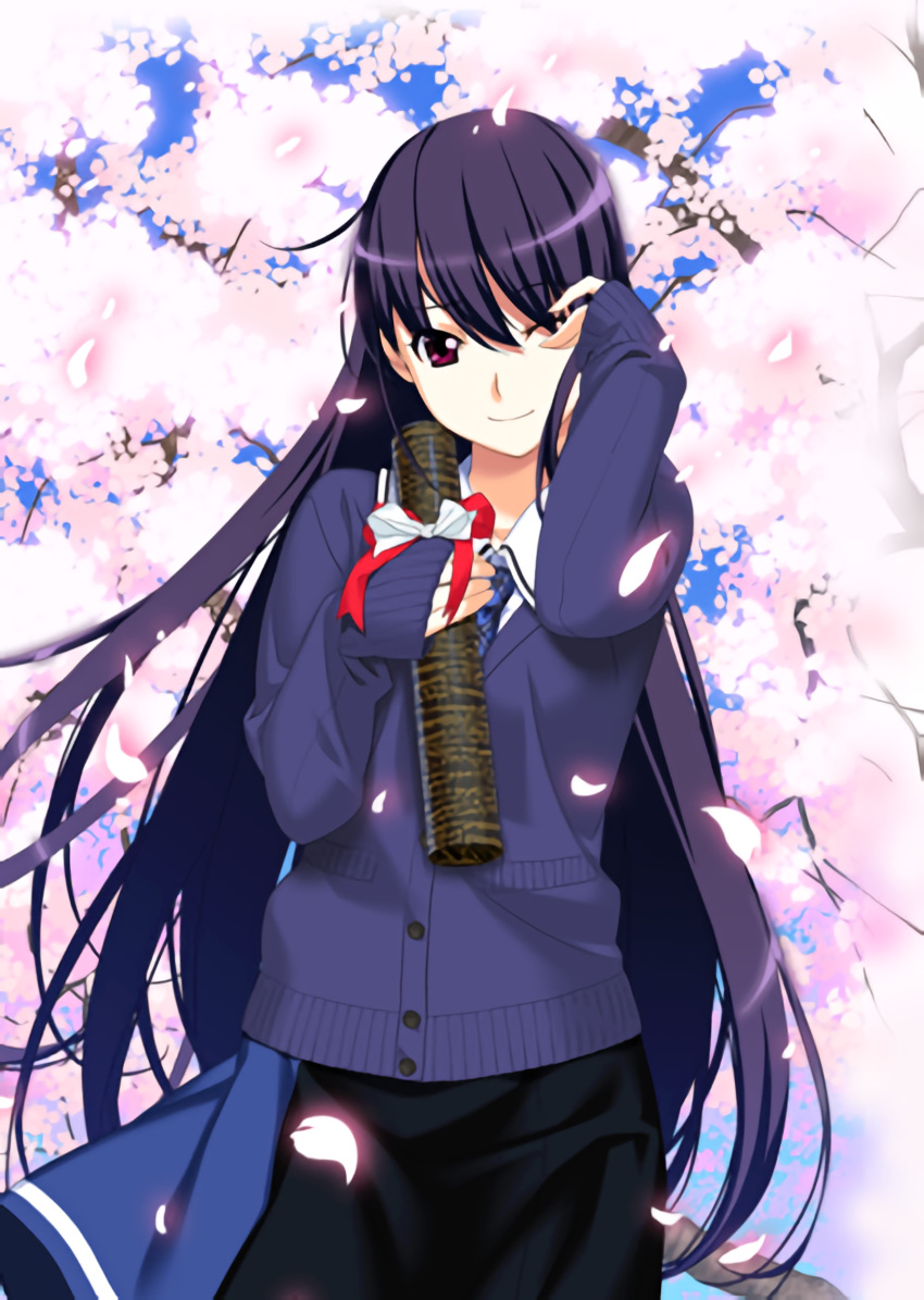 1girl absurdres artist_request bow buttons cherry_blossoms facing_viewer grisaia_(series) hand_on_own_face highres long_hair necktie purple_hair resized sakaki_yumiko school_uniform skirt smile source_request spring_(season) standing sweater tree tree_branch upscaled violet_eyes waifu2x