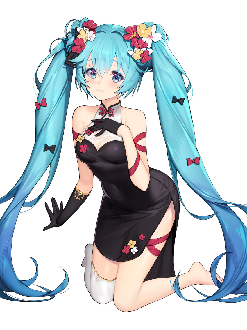1girl \||/ absurdres aqua_eyes aqua_hair black_gloves blue_eyeshadow blue_hair bow china_dress chinese_clothes dress flower frown full_body gloves hair_between_eyes hair_bow hair_flower hair_ornament hand_on_own_chest hatsune_miku highres kneeling knees_together_feet_apart leaning_forward long_hair mismatched_gloves monini simple_background single_thighhigh solo thigh-highs twintails very_long_hair vocaloid white_background white_legwear