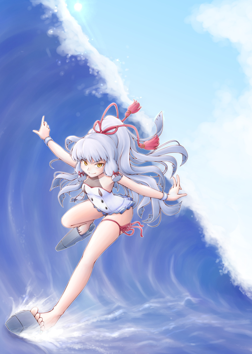 1girl bangs blunt_bangs blush clouds day eyebrows_visible_through_hair full_body hair_ribbon highres kantai_collection leg_ribbon long_hair meihemu murakumo_(kantai_collection) one-piece_swimsuit orange_eyes outdoors outstretched_arms ponytail remodel_(kantai_collection) ribbon sidelocks silver_hair sky smile solo swimsuit thighs tidal_wave tress_ribbon water waves wristband