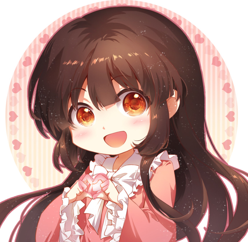 1girl :d bangs black_hair blush bow bowtie brown_eyes chibi chinese_commentary circle commentary_request eyebrows_visible_through_hair frilled_shirt_collar frilled_sleeves frills heart houraisan_kaguya light_particles long_hair long_sleeves looking_at_viewer open_mouth pink_shirt shangguan_feiying shirt sidelocks simple_background smile solo touhou upper_body white_background white_bow white_neckwear wide_sleeves