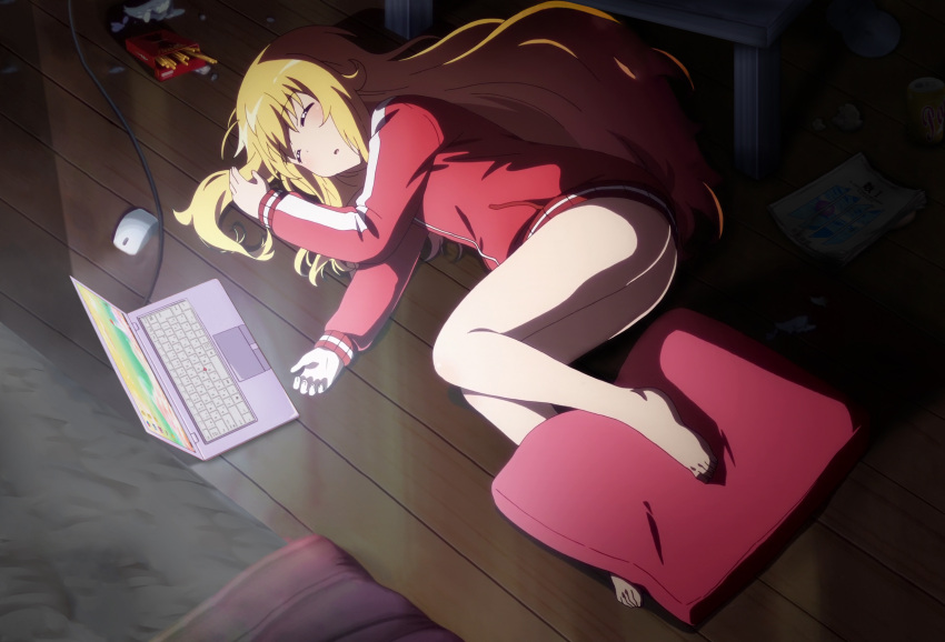 1girl :0 bare_legs barefoot bed blanket blonde_hair book cable can cd computer cushion dark eyebrows_visible_through_hair feet food gabriel_dropout highres jacket laptop long_hair long_sleeves lying messy_hair mouse_(computer) no_pants non-web_source on_floor on_side pocky screencap sleeping soda_can solo table tenma_gabriel_white track_jacket used_tissue very_long_hair wooden_floor