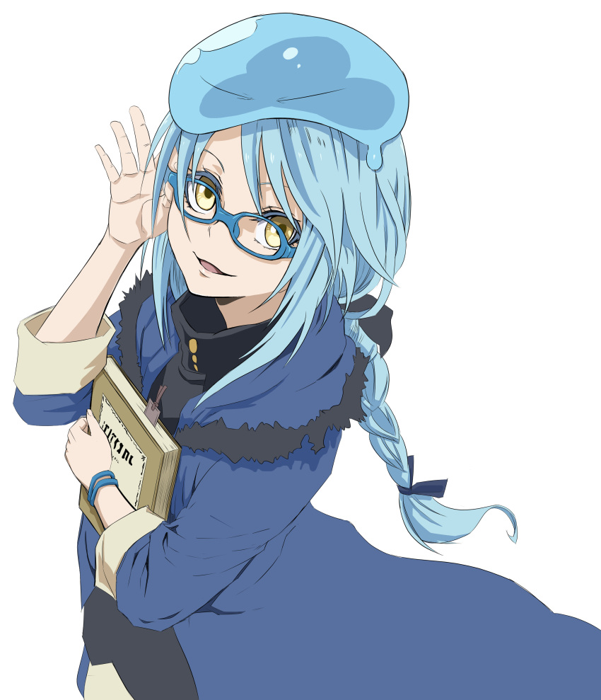 1girl :d absurdres adjusting_eyewear androgynous blue-framed_eyewear blue_cape blue_hair blue_ribbon book bracelet braided_ponytail cape floating_hair fur-trimmed_cape fur_trim glasses hair_ribbon highres holding jewelry long_hair looking_at_viewer noerue1219 open_mouth ponytail ribbon rimuru_tempest simple_background slime smile solo tensei_shitara_slime_datta_ken white_background yellow_eyes