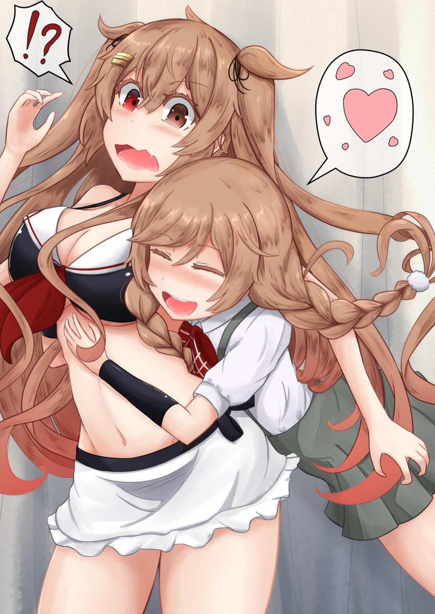 !? 2girls absurdres blush bow bowtie braid brown_eyes glomp gradient_hair happy heart highres hug hug_from_behind kantai_collection light_brown_hair long_hair minegumo_(kantai_collection) multicolored_hair multiple_girls murasame_(kantai_collection) noyomidx open_mouth plaid_neckwear pleated_skirt red_eyes red_neckwear remodel_(kantai_collection) shirt skirt spoken_heart surprised suspenders twin_braids twintails two_side_up white_shirt