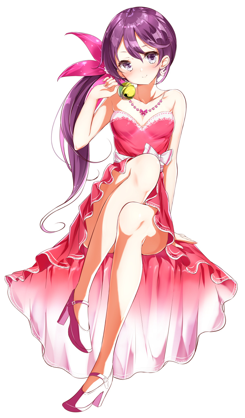 1girl absurdres ahoge akebono_(kantai_collection) bangs bare_shoulders bell blush breasts bunny_earrings collarbone dress earrings flower hair_bell hair_between_eyes hair_flower hair_ornament hand_up head_tilt highres huge_filesize jewelry jingle_bell kantai_collection kengorou_saemon_ii_sei knee_up long_hair necklace pink_footwear purple_hair red_dress shoes side_ponytail sidelocks simple_background sitting small_breasts smile strapless strapless_dress very_long_hair violet_eyes white_background