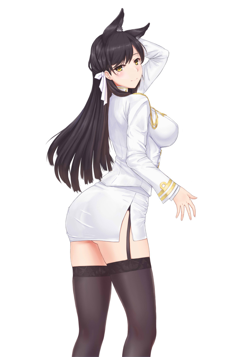 1girl absurdres animal_ears arm_up atago_(azur_lane) azur_lane bangs black_hair black_legwear blush breasts closed_mouth garter_straps gloves graphite_(medium) highres lips long_hair long_sleeves looking_at_viewer medium_breasts miniskirt mole mole_under_eye pixiv8724247 shiny shiny_hair shiny_skin simple_background skirt solo thigh-highs thighs traditional_media uniform white_gloves yellow_eyes zettai_ryouiki