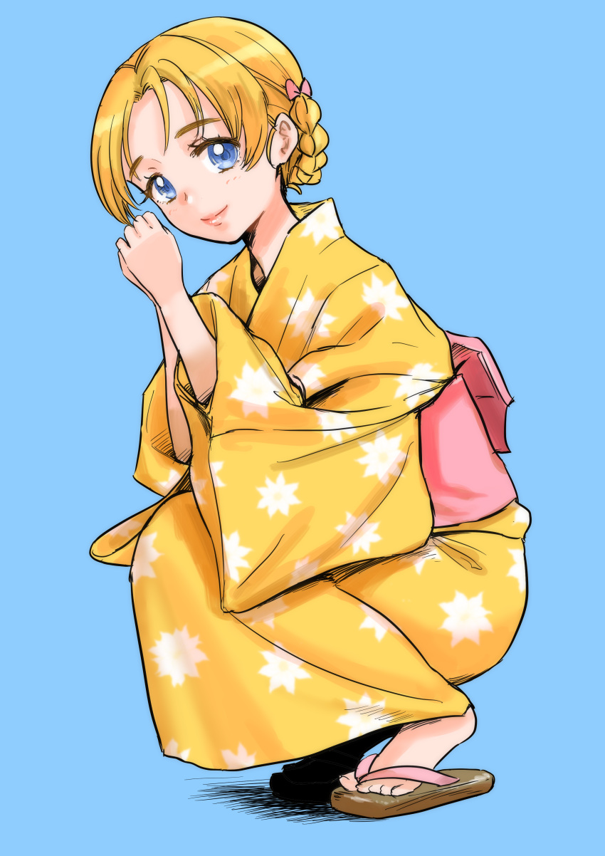 absurdres bangs blue_background blue_eyes braid girls_und_panzer hair_ribbon highres hisaki japanese_clothes kimono looking_at_viewer orange_hair orange_pekoe ribbon simple_background slippers smile squatting yukata