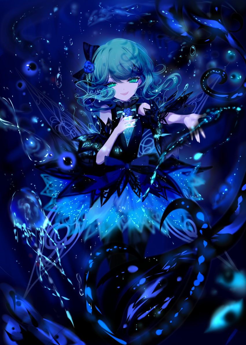 1girl :d artist_name bare_shoulders black_bow black_dress black_legwear blue_bow blue_flower blue_rose bow dress flower green_eyes green_hair hair_bow hair_flower hair_ornament hand_on_own_chest highres looking_at_viewer open_mouth original pantyhose reaching_out rose sheya short_hair short_sleeves signature smile solo