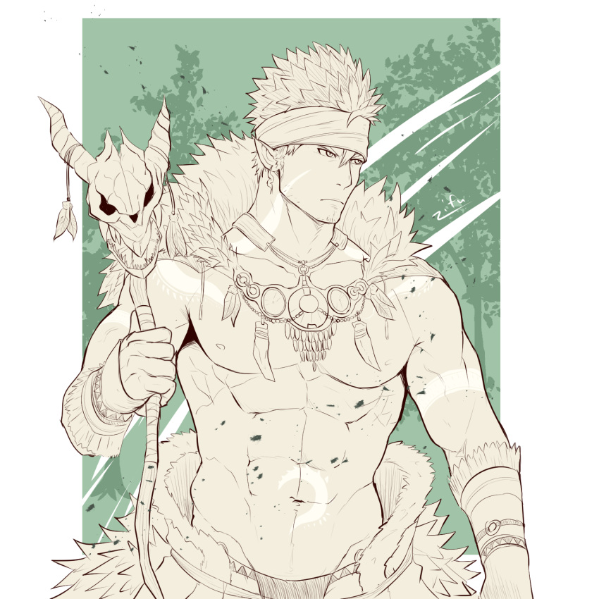 1boy abs adonis_belt artist_name bara bracer earrings facial_hair facial_mark fur_trim green_background headband highres jewelry limited_palette male_focus muscle navel necklace nipples pointy_ears simple_background skull spiky_hair staff stubble tangaroa tattoo tokyo_houkago_summoners upper_body zifu