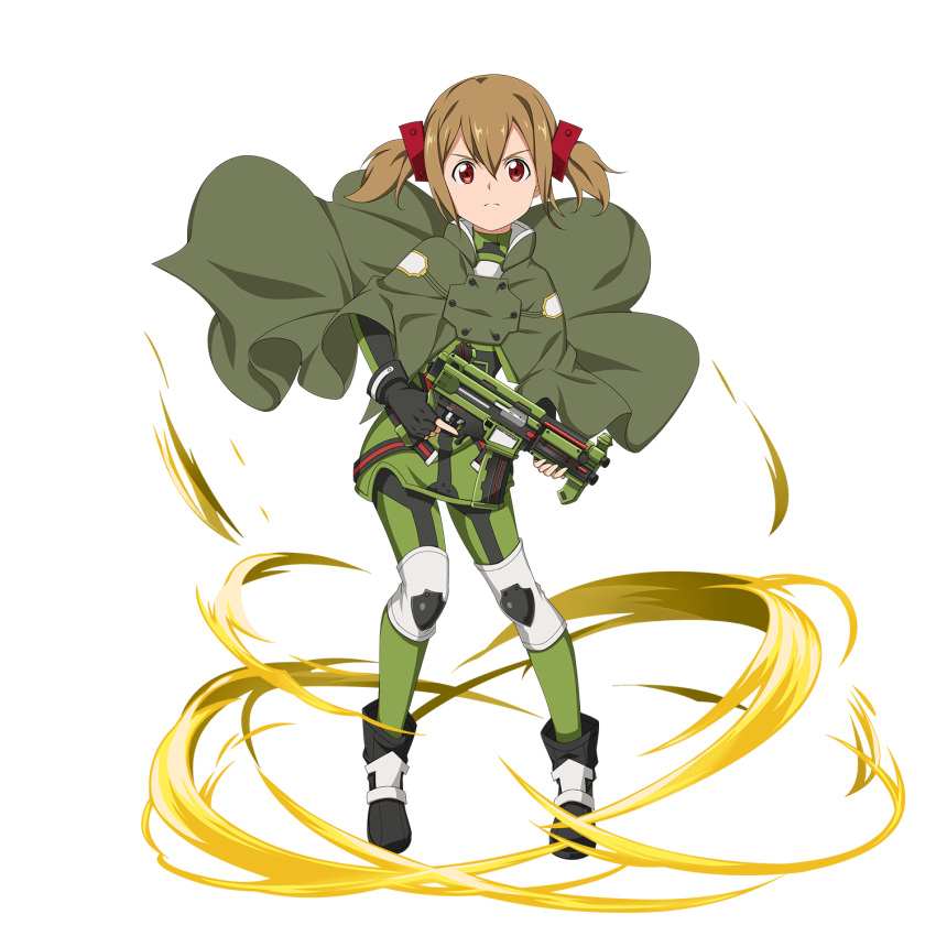 1girl black_footwear black_gloves boots brown_hair cape closed_mouth fingerless_gloves frown full_body gloves green_cape green_pants gun hair_between_eyes highres holding holding_gun holding_weapon looking_at_viewer military military_uniform official_art pants red_eyes shiny shiny_hair short_hair short_twintails silica solo standing sword_art_online transparent_background twintails uniform weapon