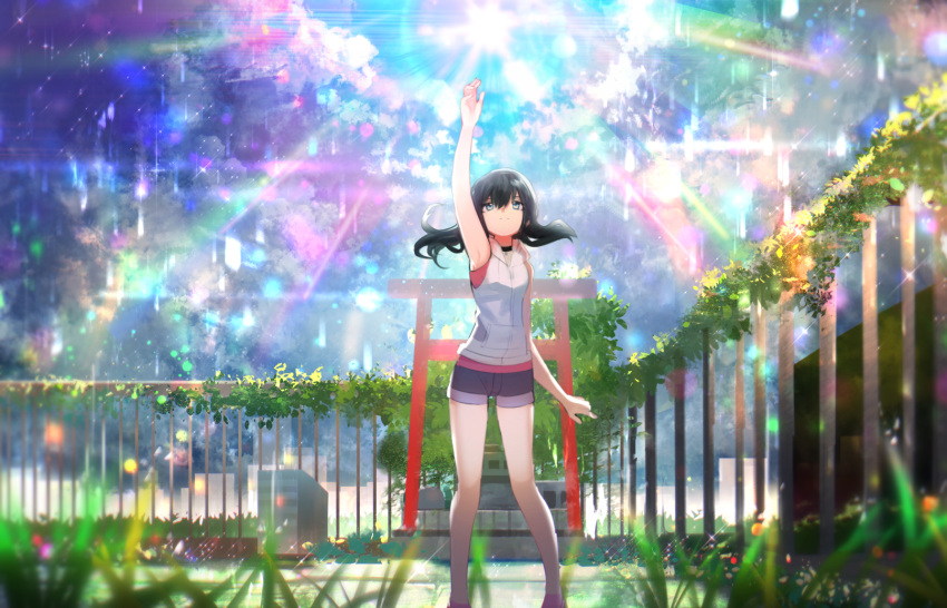 1girl amano_hina_(tenki_no_ko) arm_up bangs bare_arms bare_shoulders black_hair blue_eyes blue_sky blurry blurry_foreground breasts closed_mouth clouds cloudy_sky commentary day depth_of_field english_commentary feet_out_of_frame hair_between_eyes highres hood hood_down hooded_jacket jacket long_hair outdoors purple_shorts railing short_shorts shorts sky sleeveless_jacket small_breasts smile solo standing tarbo_(exxxpiation) tenki_no_ko torii white_jacket