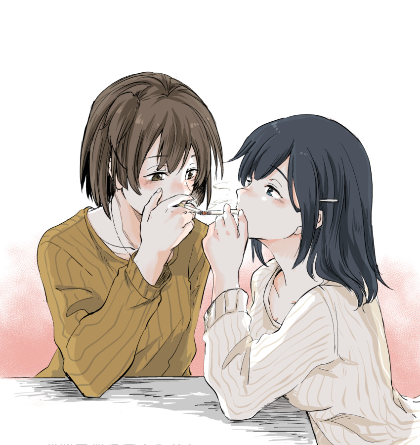 2girls alternate_costume alternate_hairstyle black_hair brown_eyes brown_hair cigarette cigarette_kiss gradient gradient_background green_eyes highres hiryuu_(kantai_collection) kantai_collection long_hair multiple_girls pink_background ribbed_sweater short_hair smoking souryuu_(kantai_collection) sweater table upper_body uzaki_(jiro) white_background white_sweater yellow_sweater yuri