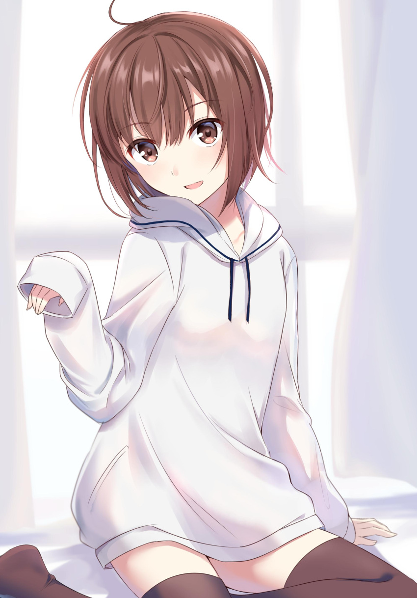 1girl absurdres ahoge black_legwear blush brown_eyes brown_hair curtains eyebrows_visible_through_hair head_tilt highres long_sleeves looking_at_viewer nemu_mohu open_mouth original oversized_clothes oversized_shirt shirt short_hair sitting solo sweater thigh-highs white_background white_curtains white_sweater window
