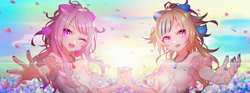 2girls :d ;d bangs blonde_hair highres himehina_channel holding_hands interlocked_fingers jewelry kobaru_(katsugeki_palette) long_hair looking_at_viewer multicolored_hair multiple_girls necklace one_eye_closed open_mouth outstretched_arm petals pink_eyes pink_hair sidelocks smile streaked_hair suzuki_hina swept_bangs tanaka_hime virtual_youtuber