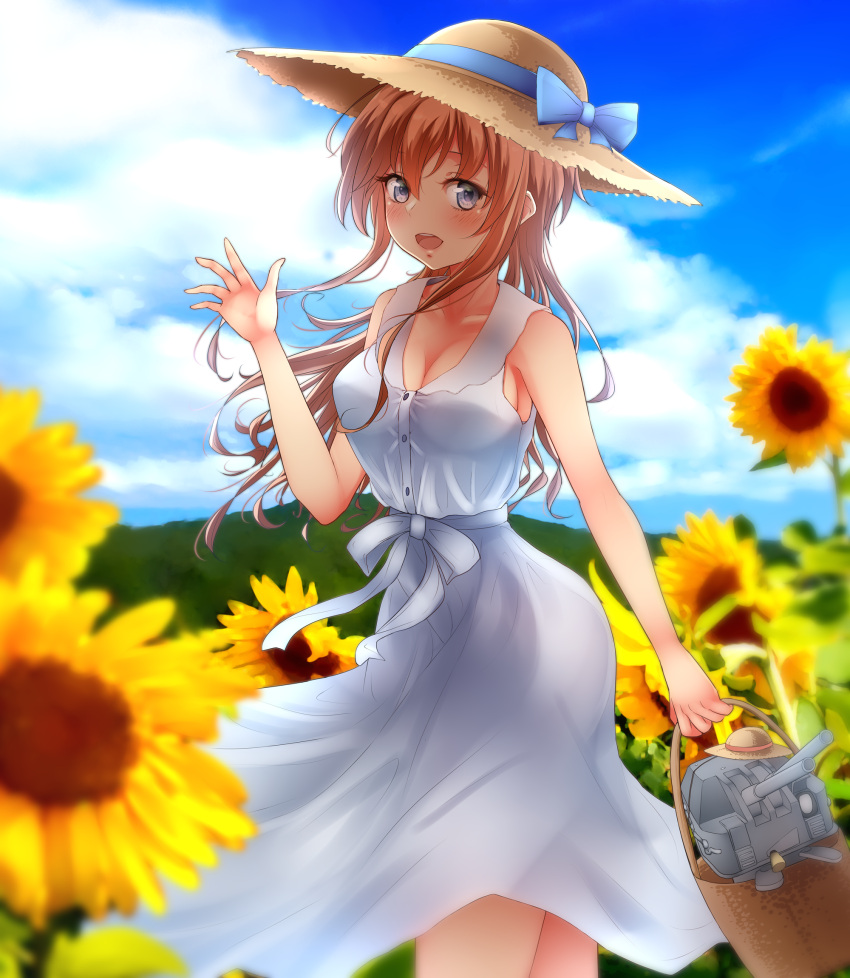 1girl alternate_costume blue_ribbon blue_sky blush breasts chou-10cm-hou-chan clouds dress eyebrows_visible_through_hair floral_background gradient gradient_background grey_eyes hat hat_ribbon highres kantai_collection large_breasts light_brown_hair long_dress long_hair looking_at_viewer nuka_(nvkka) open_mouth ribbon sky smile solo straw_hat teruzuki_(kantai_collection) white_dress