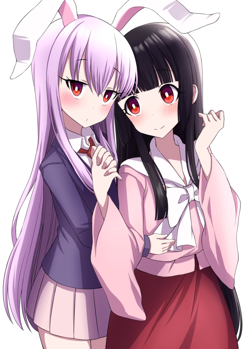 2girls animal_ears arms_up bangs black_hair blazer blouse blunt_bangs blush bow bowtie bright_pupils commentary_request cowboy_shot eyebrows_visible_through_hair hair_between_eyes hand_on_another's_stomach head_tilt head_to_head highres hime_cut holding_hands houraisan_kaguya interlocked_fingers jacket lavender_hair long_hair long_sleeves looking_at_another looking_at_viewer multiple_girls necktie pink_blouse pink_skirt pleated_skirt rabbit_ears red_eyes red_neckwear red_skirt reisen_udongein_inaba shirt sidelocks simple_background skirt smile standing touhou tsukimirin very_long_hair white_background white_neckwear white_pupils white_shirt wide_sleeves yuri