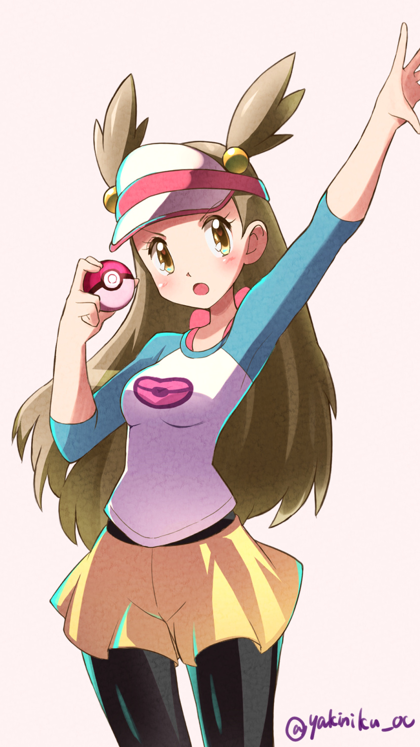 1girl arm_up black_legwear breasts brown_eyes brown_hair cosplay highres holding holding_poke_ball legwear_under_shorts long_hair mei_(pokemon) mei_(pokemon)_(cosplay) mikan_(pokemon) open_mouth pantyhose poke_ball pokemon pokemon_(game) pokemon_bw2 shorts small_breasts visor_cap yakiniku_oc