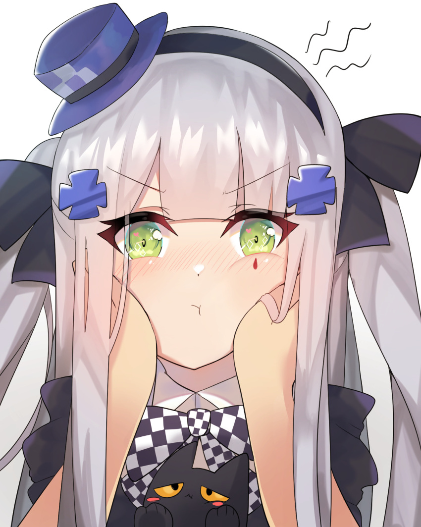 1girl :t animal black_bow black_cat black_hairband blue_headwear blush bow cat checkered checkered_bow closed_mouth commentary facial_mark girls_frontline green_eyes hair_bow hair_ornament hairband hands_on_another's_cheeks hands_on_another's_face hat highres hk416_(girls_frontline) long_hair meow_nyang mini_hat nose_blush pout silver_hair simple_background solo_focus tilted_headwear two_side_up upper_body v-shaped_eyebrows white_background