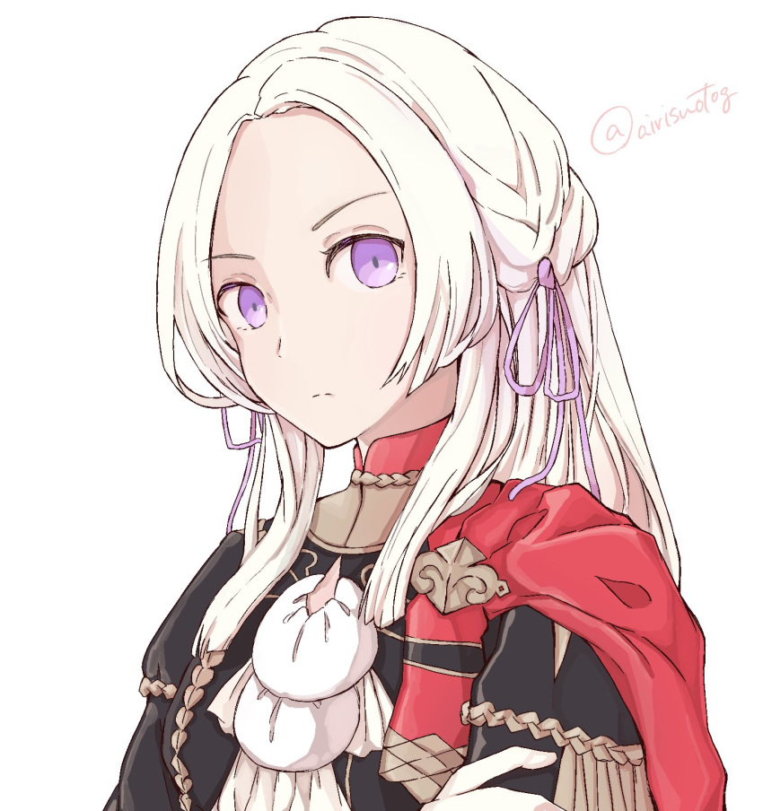 1girl airisuotog blonde_hair blue_eyes cape cravat edelgard_von_hresvelgr_(fire_emblem) fire_emblem fire_emblem:_three_houses gloves hair_ornament highres long_hair looking_at_viewer pantyhose red_cape ribbon simple_background solo uniform upper_body white_background