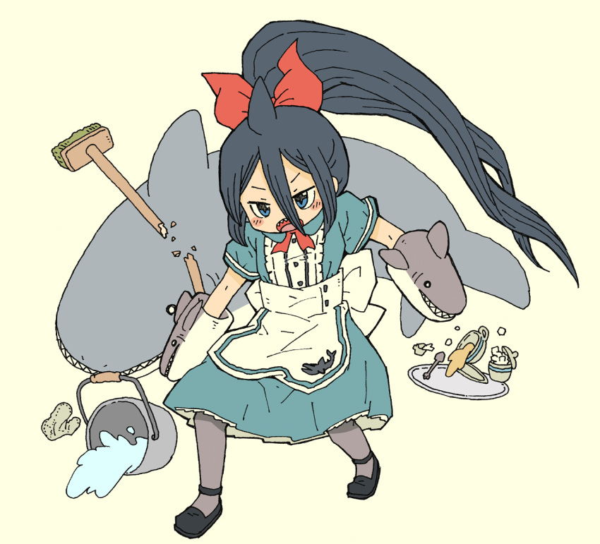 1girl alternate_costume animal apron bangs beige_background black_footwear black_hair blue_dress blue_eyes blush_stickers bow bucket collared_dress commentary_request cup dress enmaided grey_legwear hair_between_eyes hair_bow hand_puppet high_ponytail maid o_o open_mouth original pantyhose ponytail puppet rag red_bow shark shark_girl_(yukimoto_shuuji) sharp_teeth shoes short_sleeves simple_background solo spill spoon standing sugar_cube tea teacup teeth tray v-shaped_eyebrows waist_apron water white_apron yukimoto_shuuji_(gurigura)