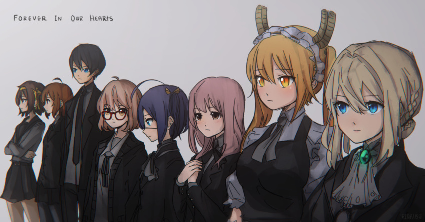 1boy adapted_costume ahoge blonde_hair blue_eyes blue_hair character_request chuunibyou_demo_koi_ga_shitai! commentary company_connection copyright_request crossover dragon_girl dragon_horns english_commentary english_text free! glasses hirasawa_yui hobunsha horns huge_ahoge k-on! kadokawa_shoten kobayashi-san_chi_no_maidragon koe_no_katachi kuriyama_mirai kyoto_animation kyoukai_no_kanata multiple_crossover nanase_haruka_(free!) nishimiya_shouko orange_eyes orange_hair pink_hair red-framed_eyewear rinkibu slit_pupils spoilers studio_connection suzumiya_haruhi suzumiya_haruhi_no_yuuutsu takanashi_rikka tokyo_mx tooru_(maidragon) violet_evergarden