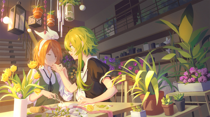 2girls apron black_clothes blonde_hair bouquet bow chair closed_eyes collared_shirt curly_hair cutting eyebrows_visible_through_hair eyes_visible_through_hair flask flower flower_pot flower_shop green_apron green_eyes green_hair gumi hair_bow hand_on_another's_chin highres juliet_sleeves kagamine_rin light_rays long_sideburns long_sleeves multiple_girls open_clothes open_shirt perspective pink_flower puffy_sleeves purple_flower ribbon shelf shirt shop short_hair short_sleeves smile stairs succulent_plant sunbeam sunlight table vocaloid wounds404 yellow_flower yuri