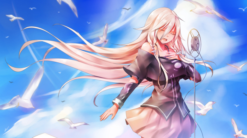 1girl absurdres bird blue_sky blurry blurry_background closed_eyes clouds collarbone cowboy_shot floating_hair highres ia_(vocaloid) long_hair microphone_stand miniskirt music off_shoulder open_mouth pink_skirt pleated_skirt signature silver_hair singing skirt sky solo songjiangcc standing very_long_hair vocaloid