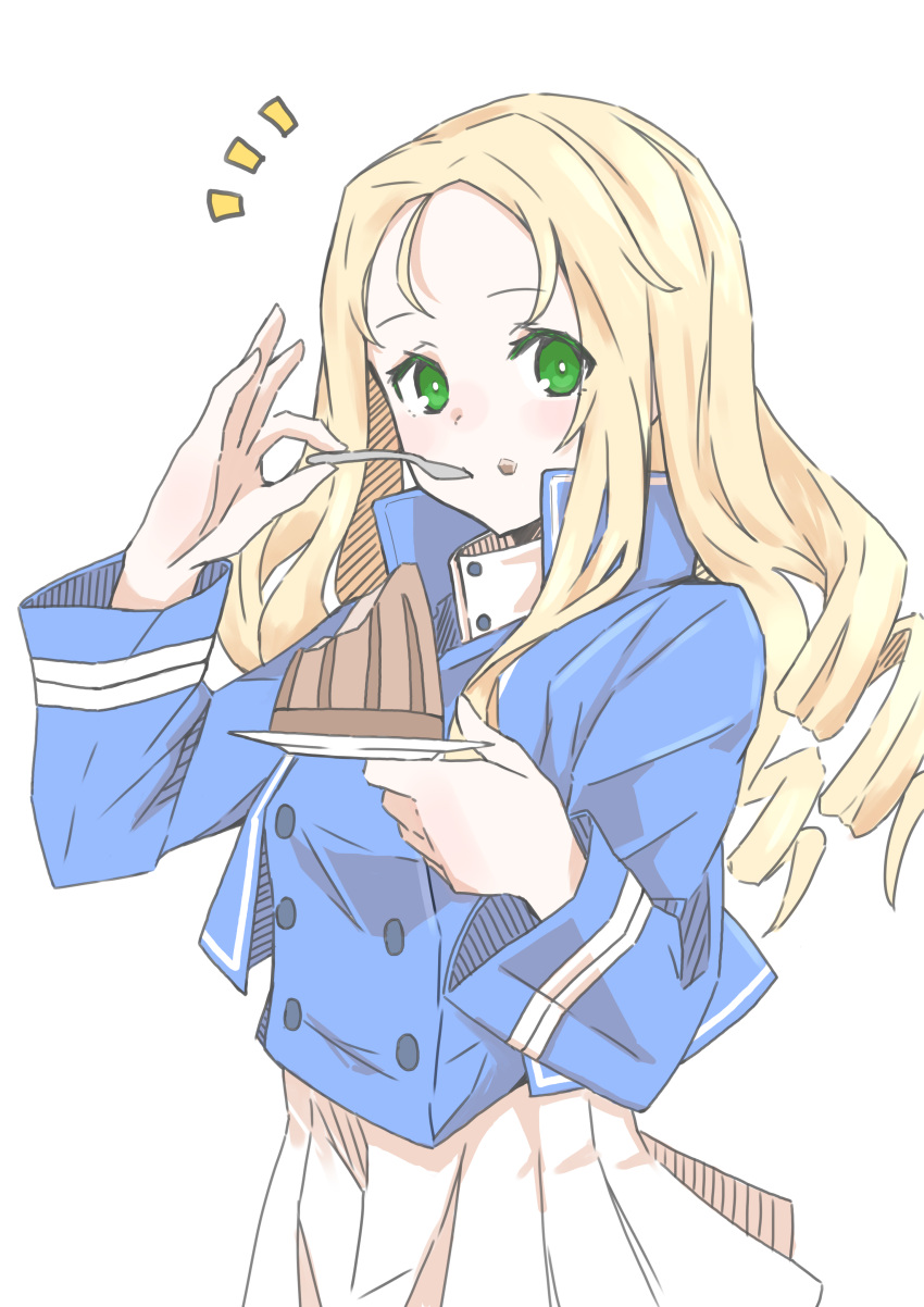 1girl absurdres bc_freedom_military_uniform blonde_hair blue_jacket blue_vest bright_pupils bu4321 cake eating food food_on_face girls_und_panzer green_eyes high_collar highres jacket long_hair long_sleeves looking_at_viewer marie_(girls_und_panzer) pleated_skirt simple_background skirt solo vest white_background white_pupils white_skirt