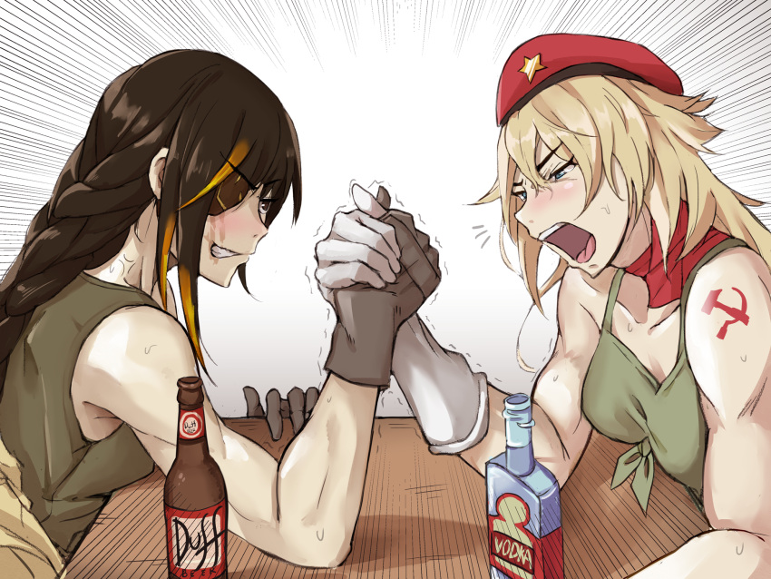 2girls ak47_(girls_frontline) alcohol arm_wrestling bangs bare_shoulders beer beret black_hair blonde_hair blush bottle braid breasts brown_gloves clenched_teeth collarbone duff_beer eyebrows_visible_through_hair eyepatch girls_frontline gloves hammer_and_sickle hat highres long_hair m16a1_(girls_frontline) multicolored_hair multiple_girls muscle muscular_female niac open_mouth scar scar_across_eye simple_background sleeveless speed_lines star streaked_hair sweat table tank_top tattoo teeth the_simpsons veins vodka white_background white_gloves