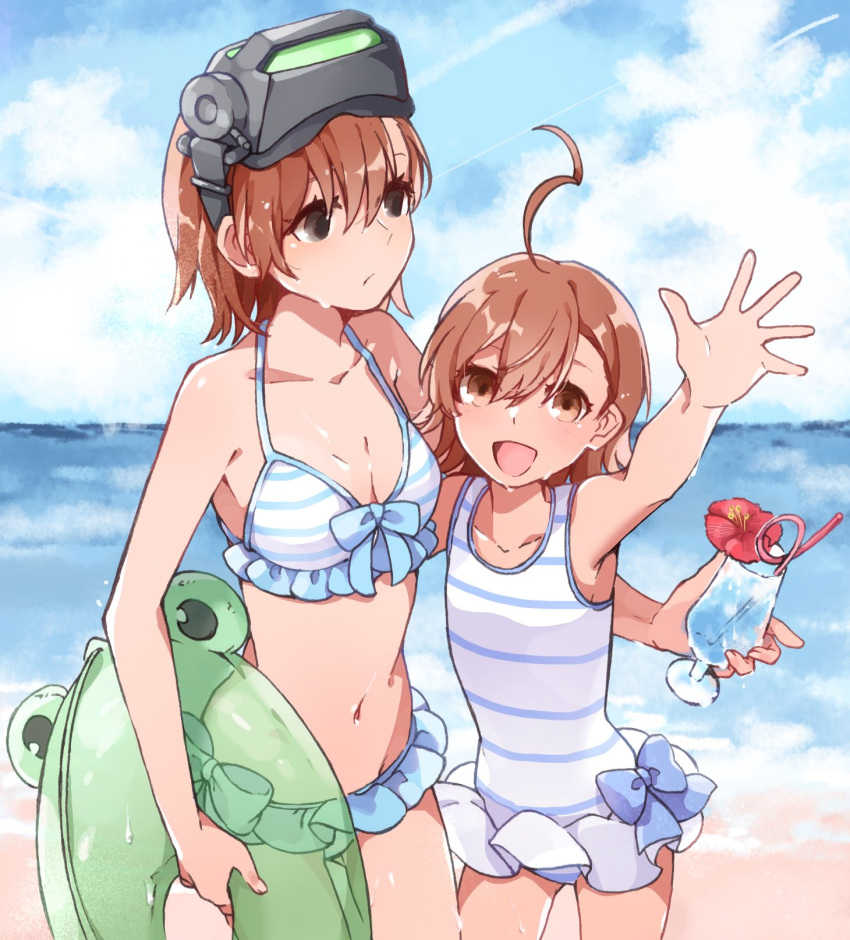 2girls ahoge beach bikini blue_sky breasts brown_eyes brown_hair casual_one-piece_swimsuit clouds collarbone commentary_request cowboy_shot day drink flat_chest gekota head_mounted_display highres horizon innertube last_order looking_at_viewer misaka_imouto multiple_girls nanaheibei_3 ocean one-piece_swimsuit outdoors shirt short_hair sky small_breasts striped striped_bikini striped_swimsuit swimsuit swimsuit_skirt to_aru_majutsu_no_index wet white_bikini white_shirt
