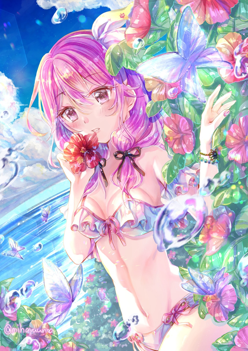 1girl bikini black_bow blush bow bracelet bug butterfly cheria_barnes clouds cowboy_shot dutch_angle flower hair_bow hair_over_shoulder hibiscus highres holding holding_flower insect jewelry mihayuuno pink_bow pink_hair pink_nails short_hair sky solo summer swimsuit tales_of_(series) tales_of_graces twintails twitter_username violet_eyes water